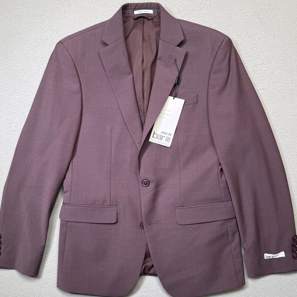 Bar III Men's Slim-Fit Wool Blend Suit Jacket Berry Plum 36S $425
